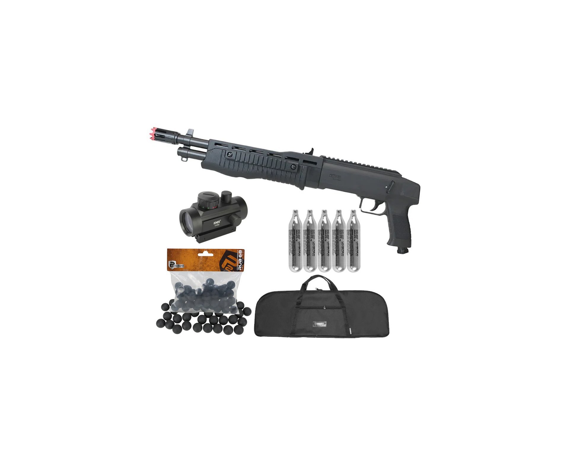Shotgun Escopeta CO2 Umarex T4E TB Gen2 Cal .68 + Esferas de Borracha + Co2 + Capa + Red Dot