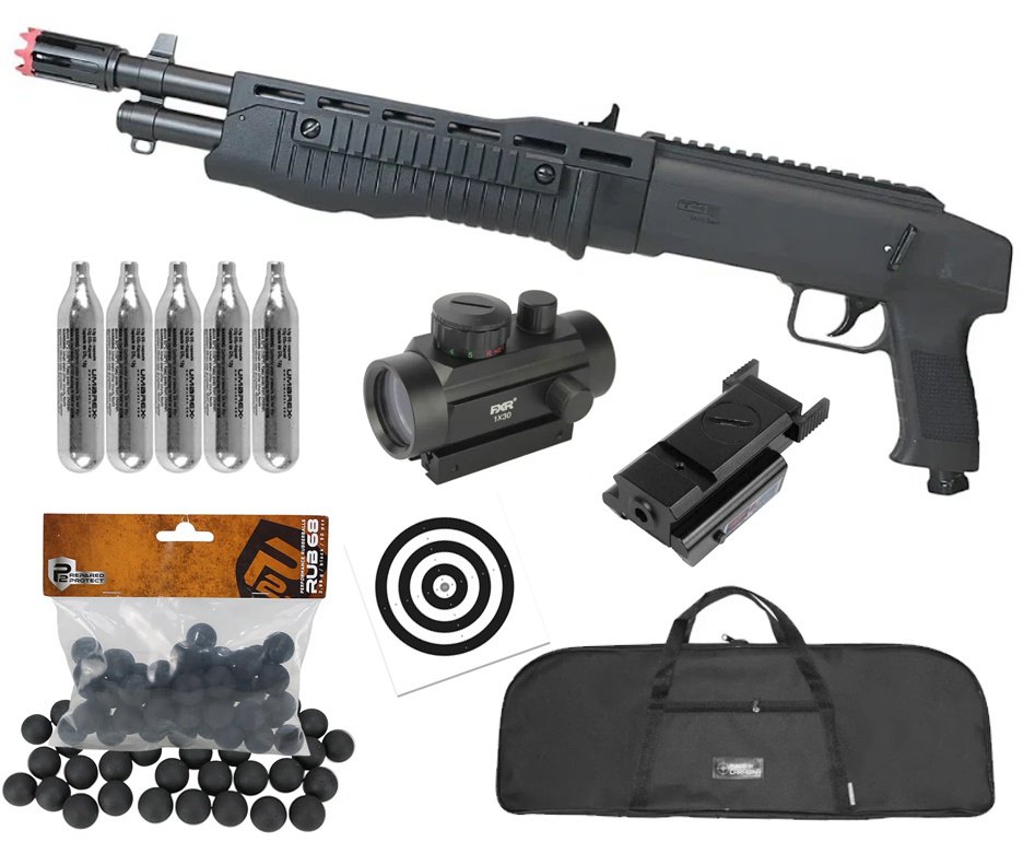 Shotgun Escopeta CO2 Umarex T4E TB Gen2 Cal .68 + Esferas de Borracha + Co2 + Capa + Red Dot + Laser + Alvos