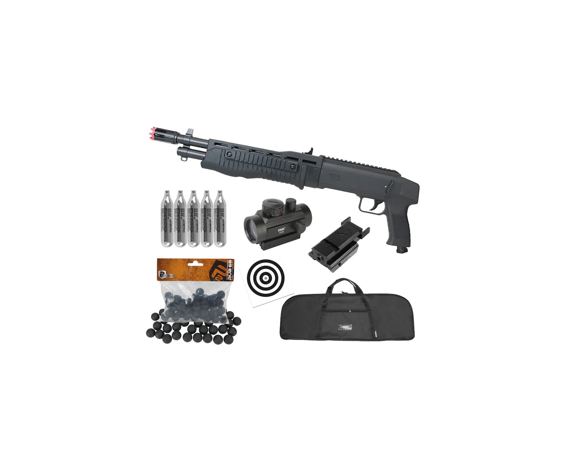 Shotgun Escopeta CO2 Umarex T4E TB Gen2 Cal .68 + Esferas de Borracha + Co2 + Capa + Red Dot + Laser + Alvos