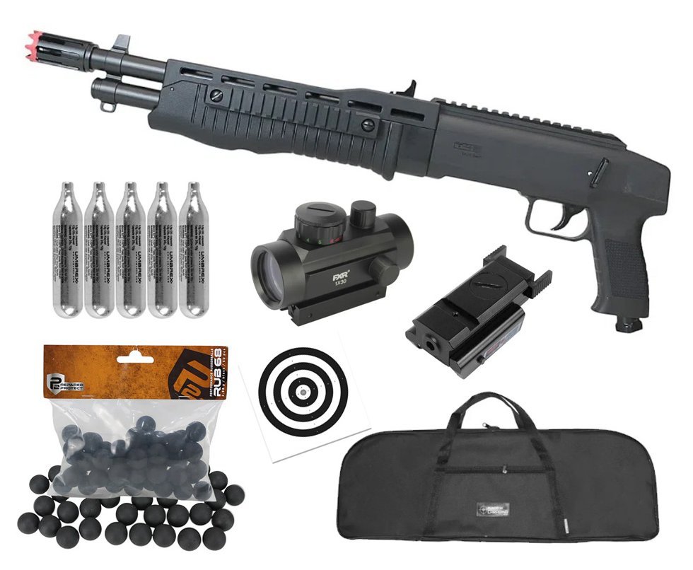 Shotgun Escopeta CO2 Umarex T4E TB Gen2 Cal .68 + Esferas de Borracha + Co2 + Capa + Red Dot + Laser + Alvos