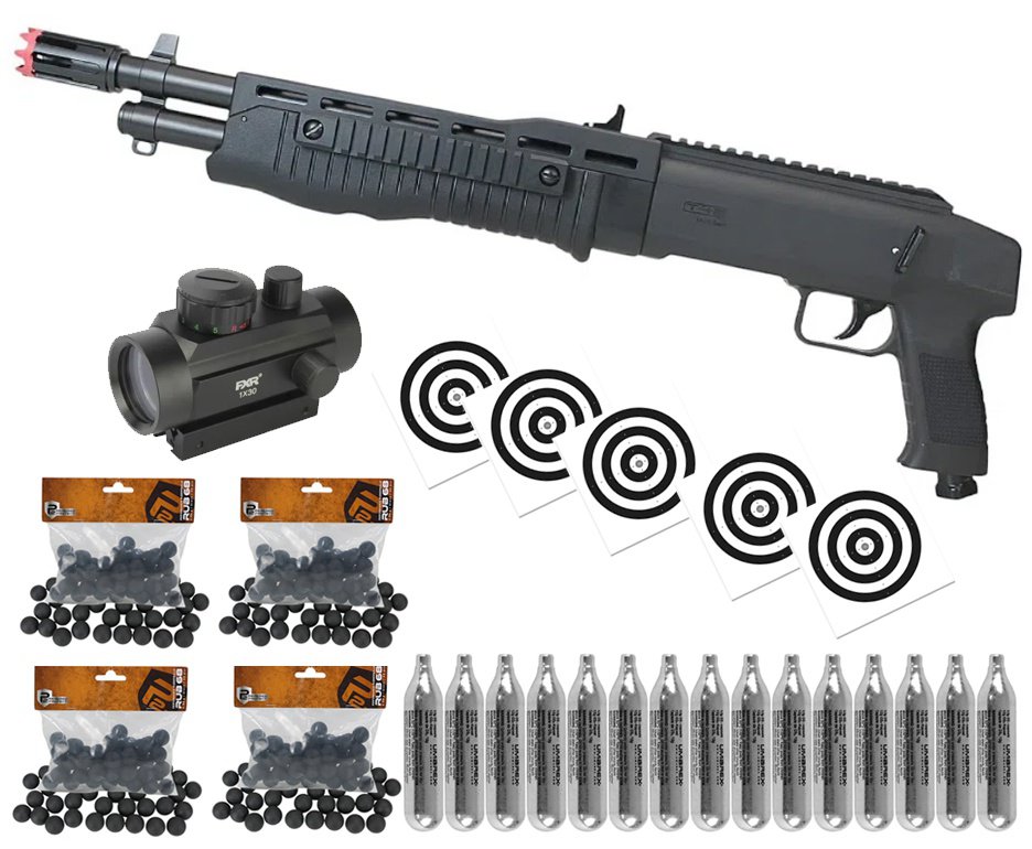 Shotgun Escopeta CO2 Umarex T4E TB Gen2 Cal .68 + Esferas de Borracha + Co2 + Red Dot + Alvos
