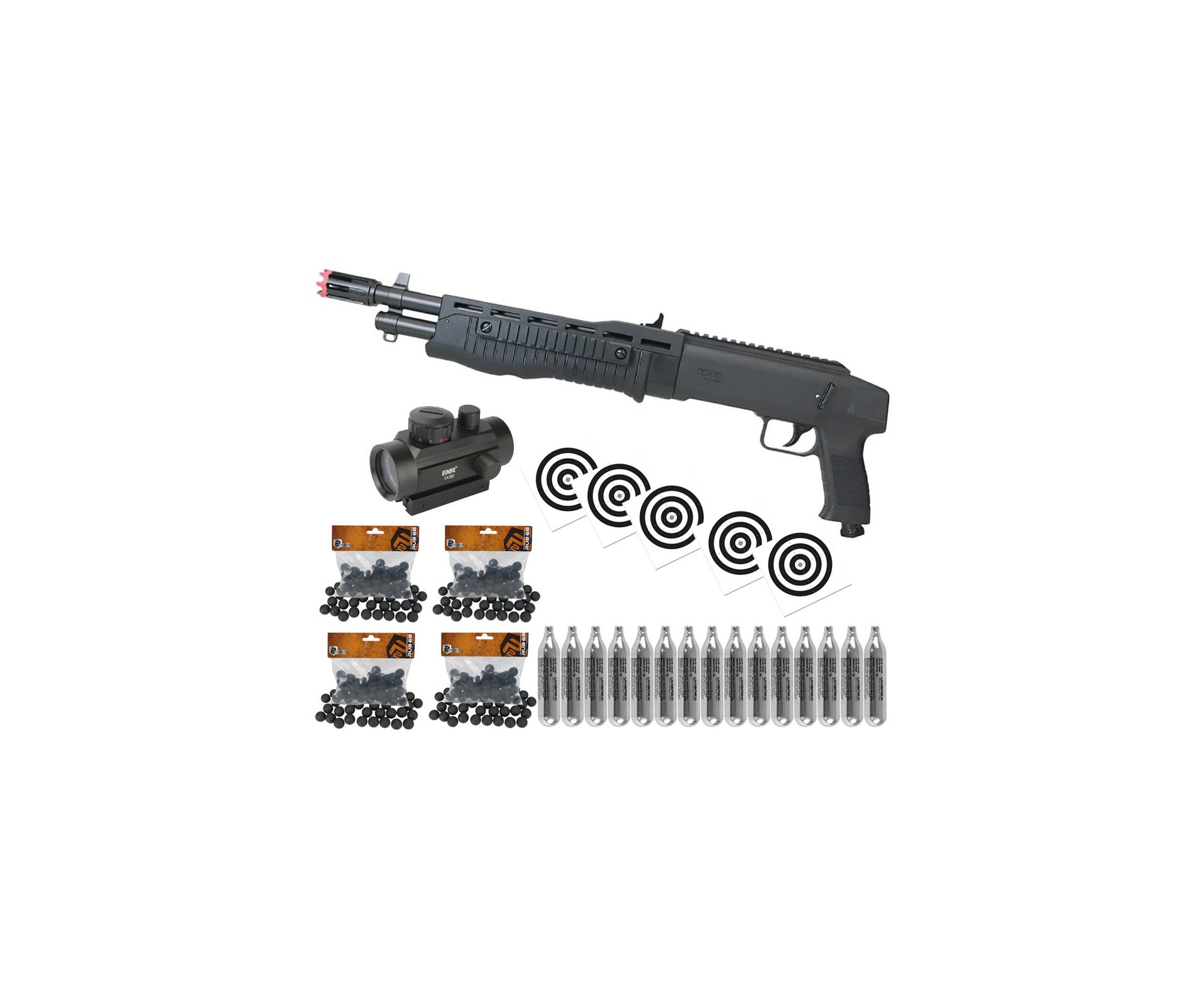 Shotgun Escopeta CO2 Umarex T4E TB Gen2 Cal .68 + Esferas de Borracha + Co2 + Red Dot + Alvos