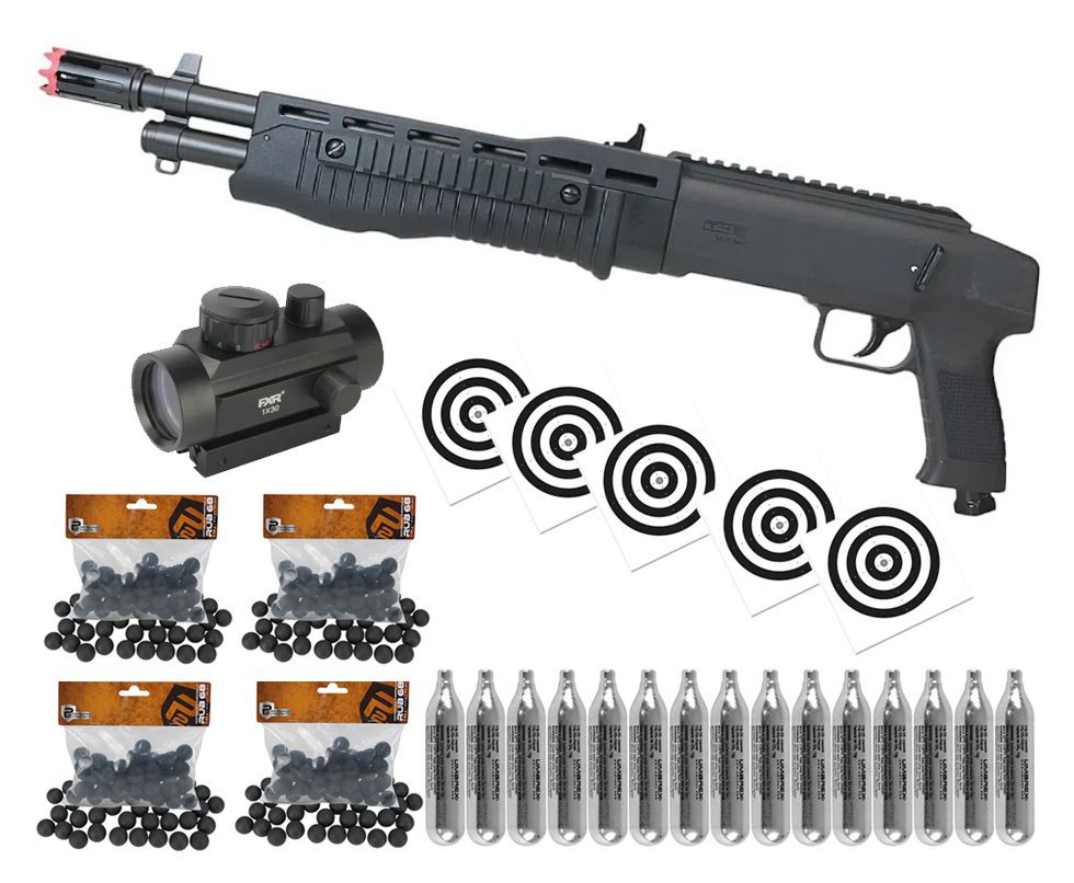 Shotgun Escopeta CO2 Umarex T4E TB Gen2 Cal .68 + Esferas de Borracha + Co2 + Red Dot + Alvos