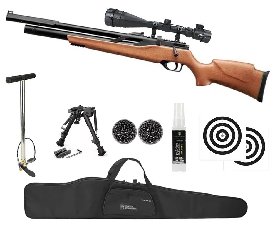 Carabina PCP Rossi T-REX Montecarlo Madeira Big Bore 6,35mm + Capa + Bomba + Chumbinho + Alvos + Luneta 4-16x50 + Kamuff 60ml + Bipe ajustável