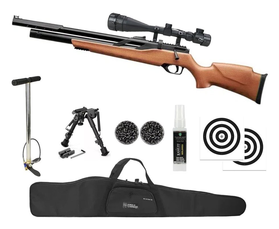 Carabina PCP Rossi T-REX Montecarlo Madeira Big Bore 6,35mm + Capa + Bomba + Chumbinho + Alvos + Luneta 4-16x50 + Kamuff 60ml + Bipe ajustável