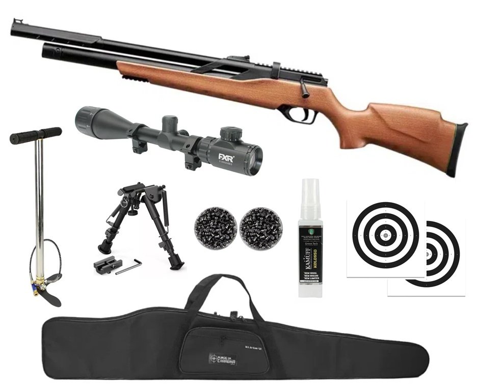 Carabina PCP Rossi T-REX Montecarlo Madeira Big Bore 6,35mm + Capa + Bomba + Chumbinho + Alvos + Luneta 6-24x50 + Kamuff 60ml + Bipe ajustável