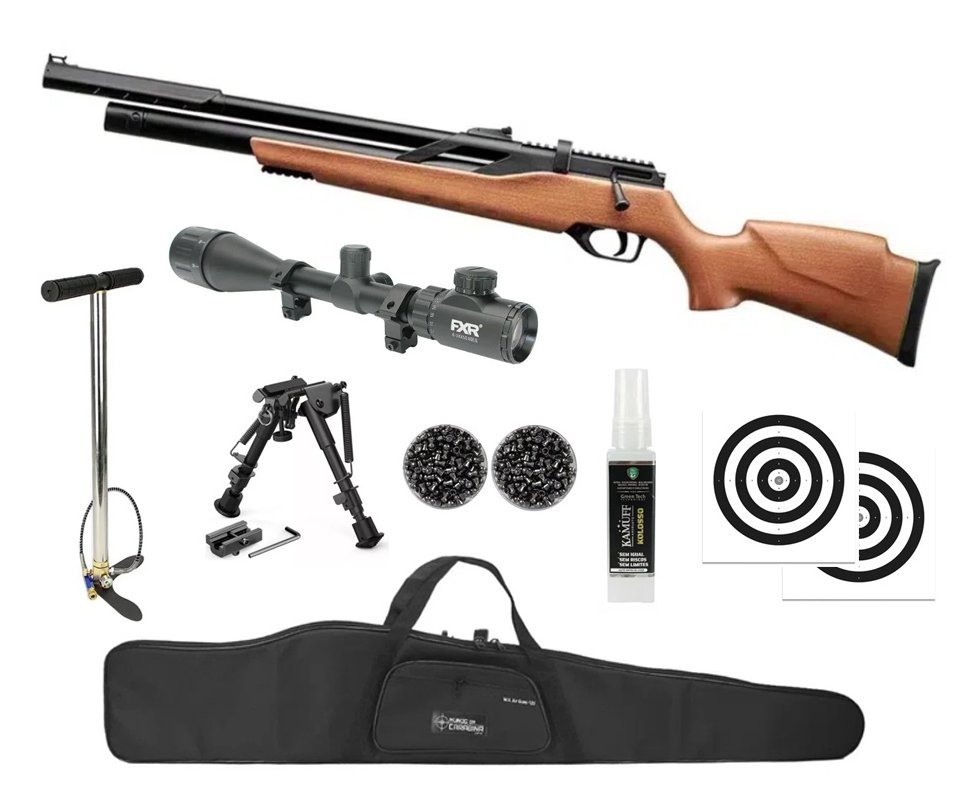 Carabina PCP Rossi T-REX Montecarlo Madeira Big Bore 6,35mm + Capa + Bomba + Chumbinho + Alvos + Luneta 6-24x50 + Kamuff 60ml + Bipe ajustável