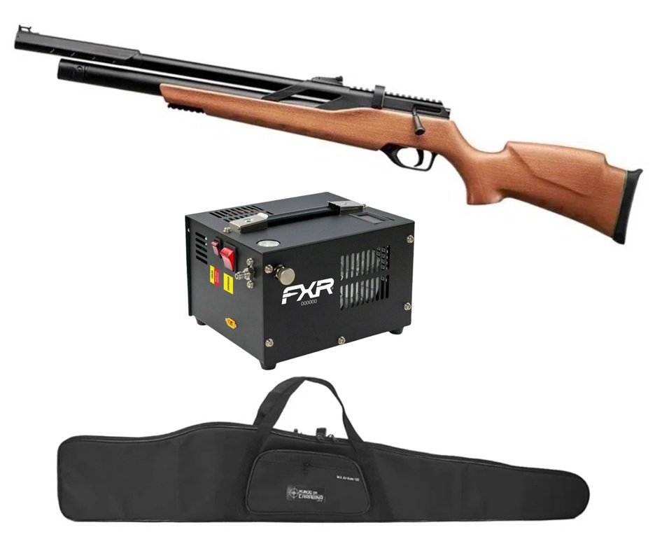 Carabina PCP Rossi T-REX Montecarlo Madeira Big Bore 6,35mm + Capa + Compressor