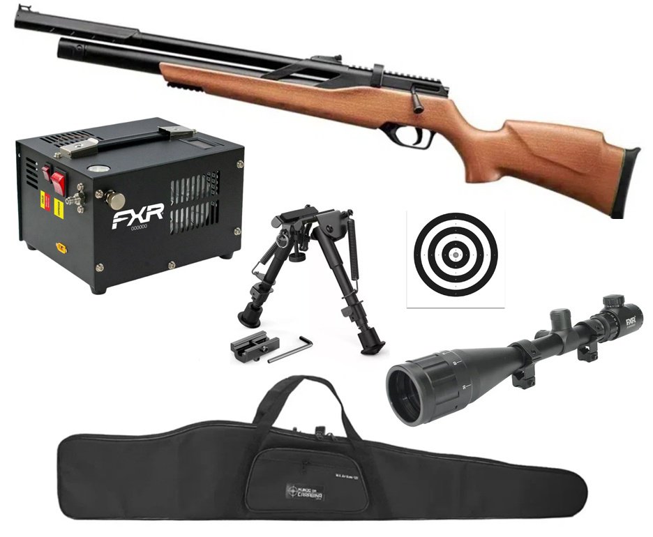 Carabina PCP Rossi T-REX Montecarlo Madeira Big Bore 6,35mm + Capa + Compressor + Luneta 4-16x50 + Bipe ajustável