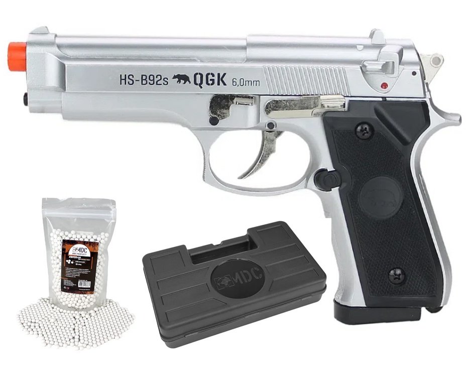 Pistola de Airsoft PT92 Silver Slide Metal Spring HS-B92S 6mm QGK + Case + BBS