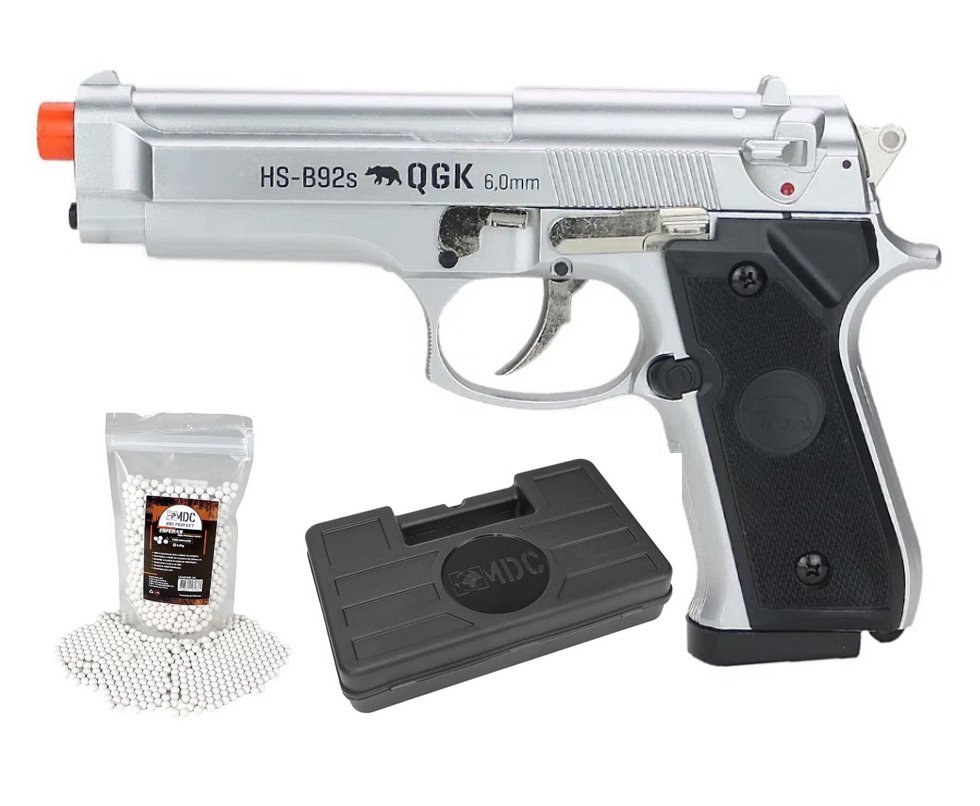 Pistola de Airsoft PT92 Silver Slide Metal Spring HS-B92S 6mm QGK + Case + BBS