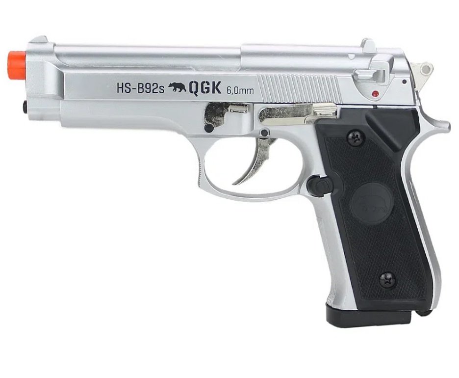 Pistola de Airsoft PT92 Silver Slide Metal Spring HS-B92S 6mm QGK + Case + BBS + Alvos