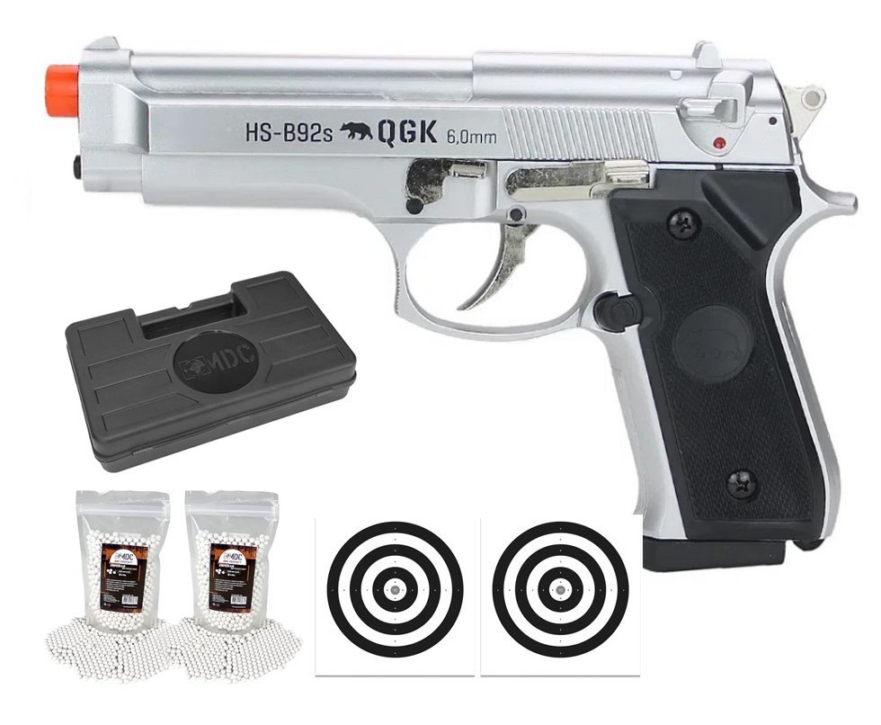 Pistola de Airsoft PT92 Silver Slide Metal Spring HS-B92S 6mm QGK + Case + BBS + Alvos