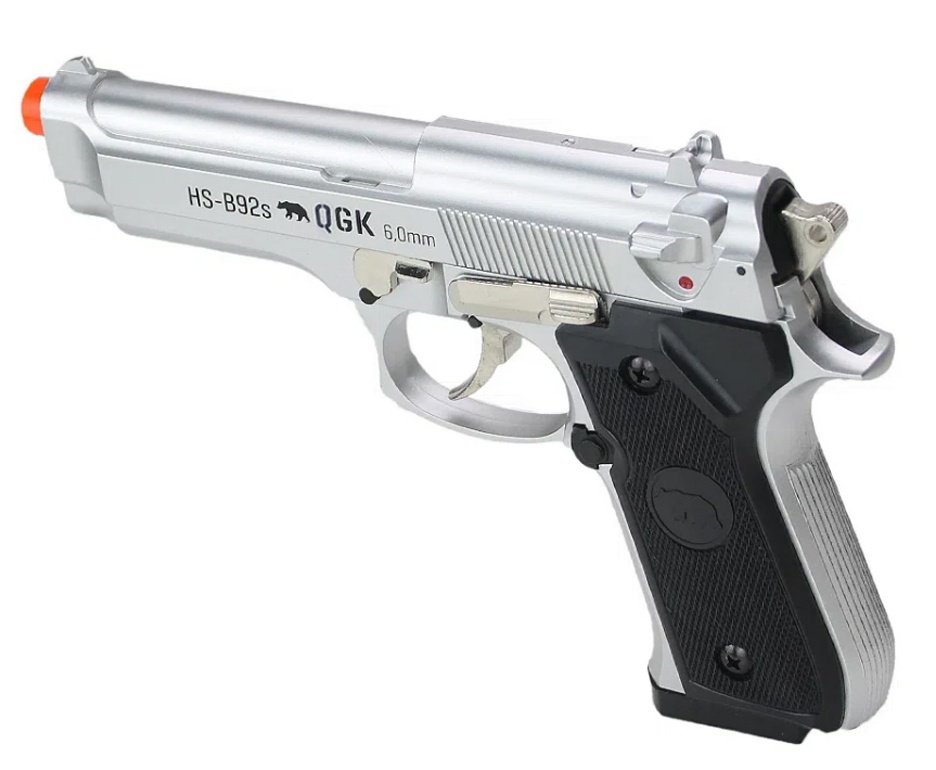 Pistola de Airsoft PT92 Silver Slide Metal Spring HS-B92S 6mm QGK + Case + BBS + Alvos