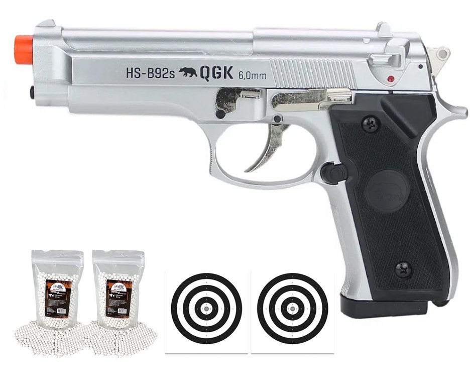 Pistola de Airsoft PT92 Silver Slide Metal Spring HS-B92S 6mm QGK + BBS + Alvos
