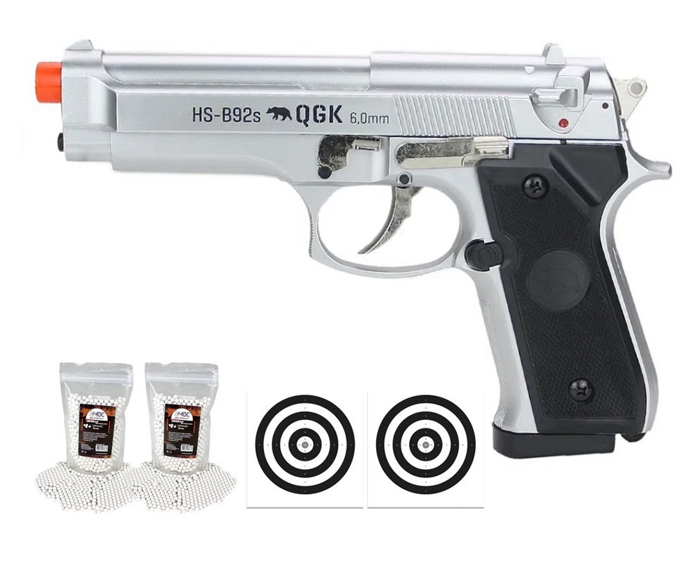 Pistola de Airsoft PT92 Silver Slide Metal Spring HS-B92S 6mm QGK + BBS + Alvos