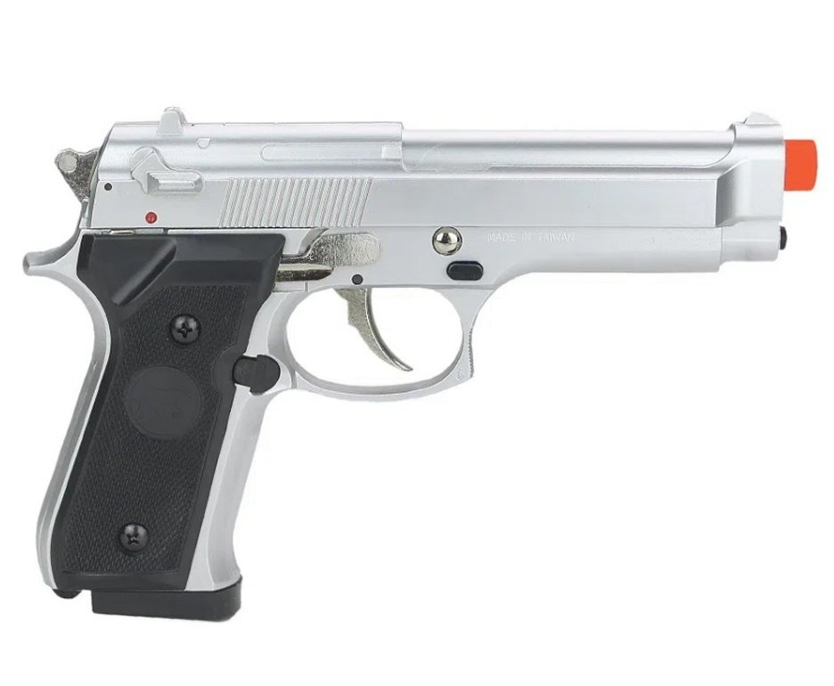 Pistola de Airsoft PT92 Silver Slide Metal Spring HS-B92S 6mm QGK + BBS + Alvos