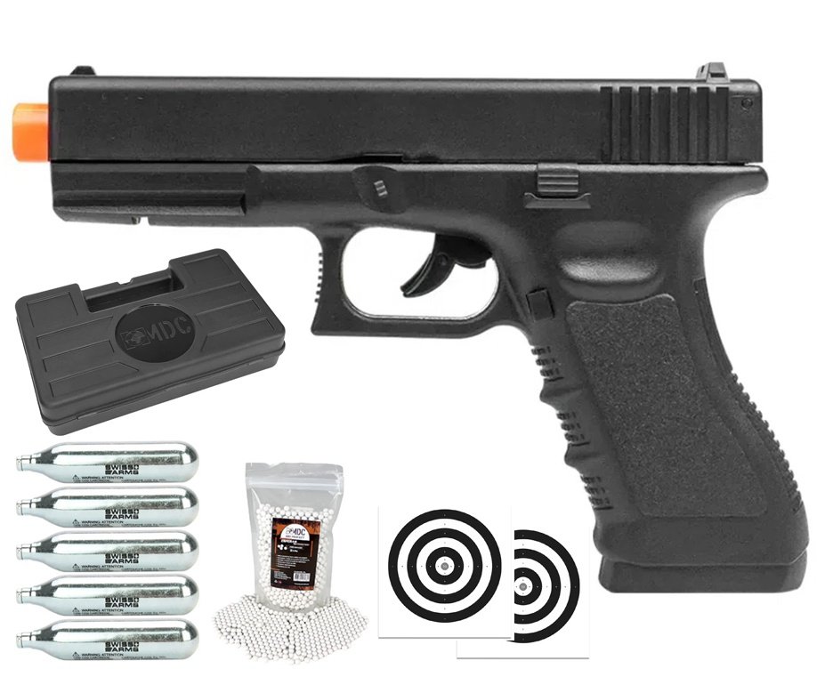 Pistola de Airsoft Gás CO2 Glock G17 6,0mm - Rossi + BBs + Co2 + Case + Alvos