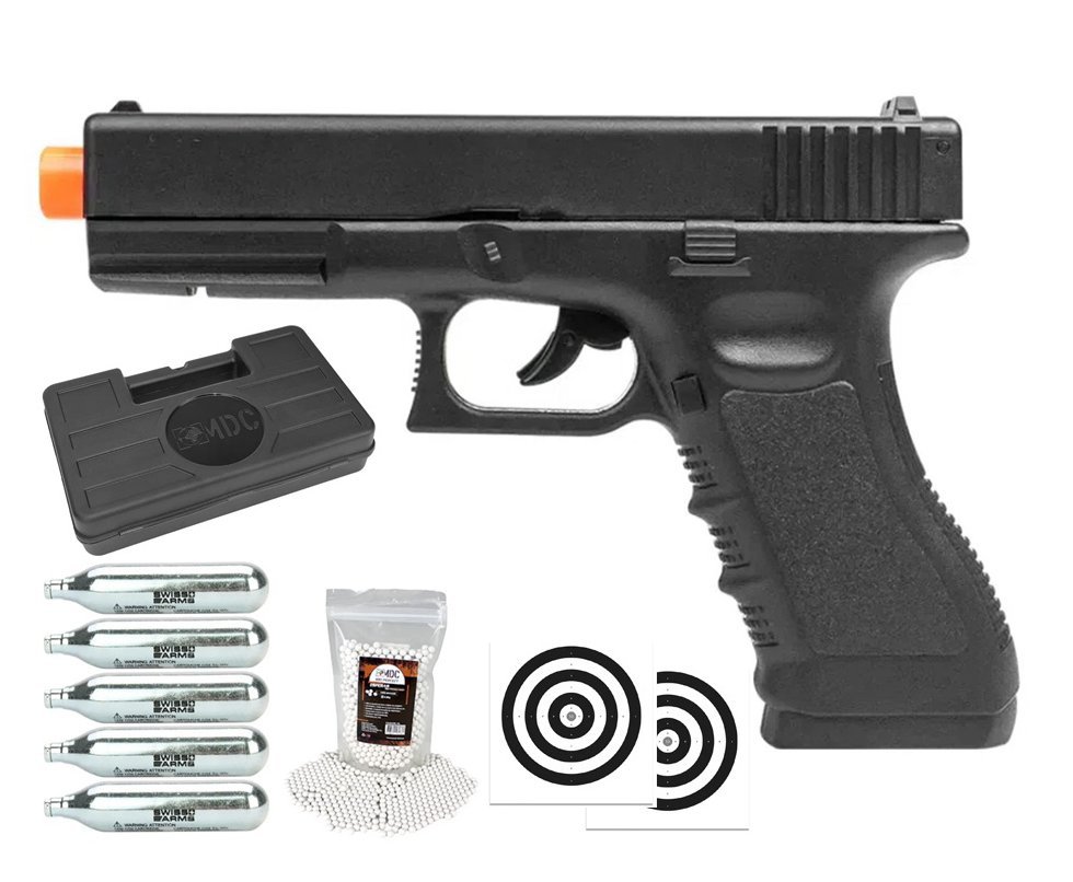 Pistola de Airsoft Gás CO2 Glock G17 6,0mm - Rossi + BBs + Co2 + Case + Alvos