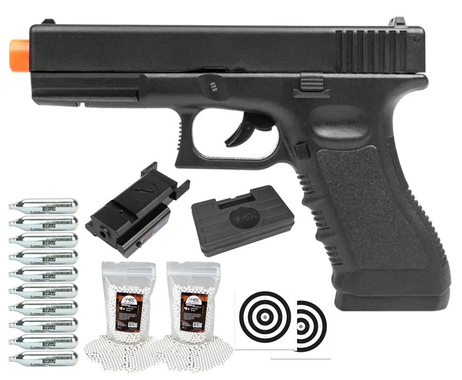 Pistola de Airsoft Gás CO2 Glock G17 6,0mm - Rossi + BBs + Co2 + Case + Alvos + Laser