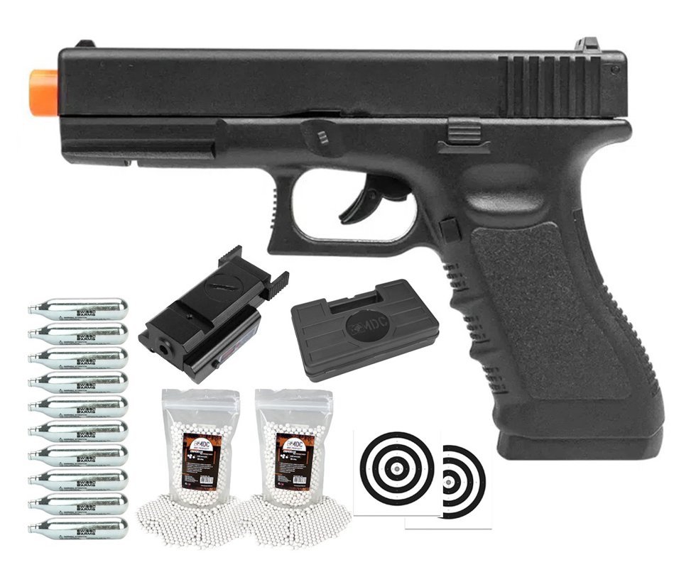 Pistola de Airsoft Gás CO2 Glock G17 6,0mm - Rossi + BBs + Co2 + Case + Alvos + Laser