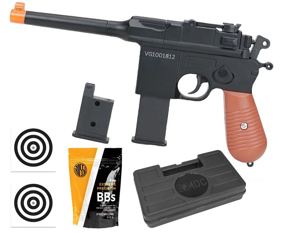 Pistola de Airsoft VG Mauser C96 V10 Metal Mola 6mm - VG Rossi + Case + BBS + Alvos