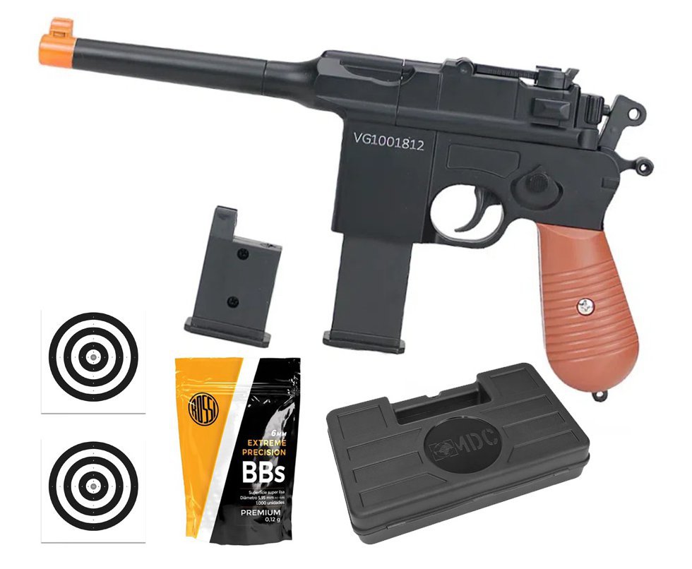 Pistola de Airsoft VG Mauser C96 V10 Metal Mola 6mm - VG Rossi + Case + BBS + Alvos