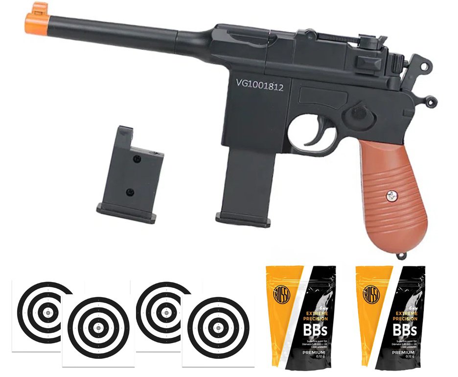Pistola de Airsoft VG Mauser C96 V10 Metal Mola 6mm - VG Rossi + BBS + Alvos