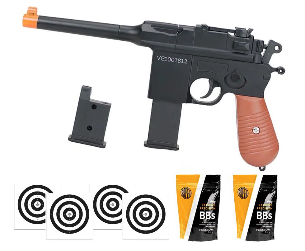 Pistola de Airsoft VG Mauser C96 V10 Metal Mola 6mm - VG Rossi + BBS + Alvos