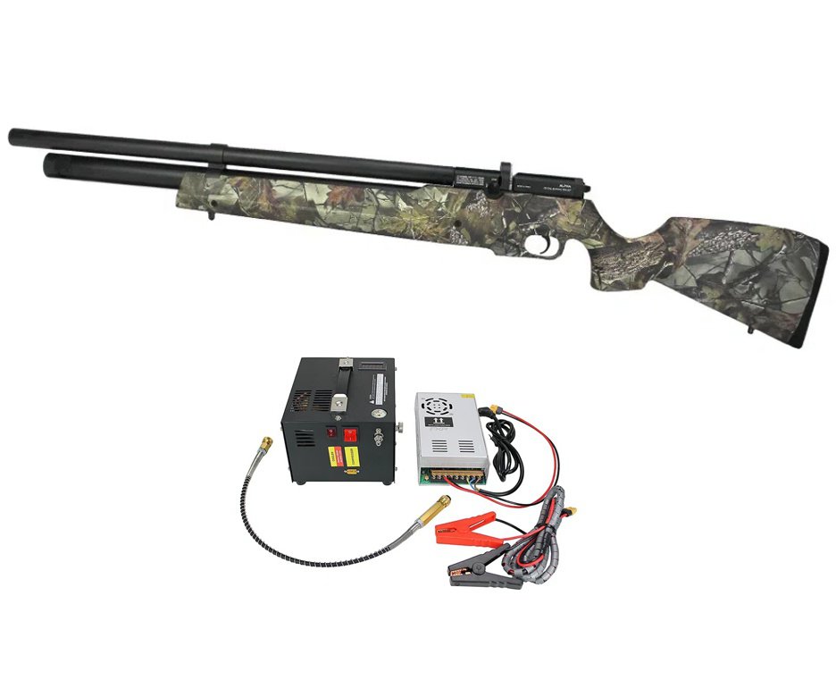 Carabina De Pressão PCP Alpha Camuflada Multishot 10 Tiros 5,5mm - Nova Vista + Compressor Portátil Trivolt Compact