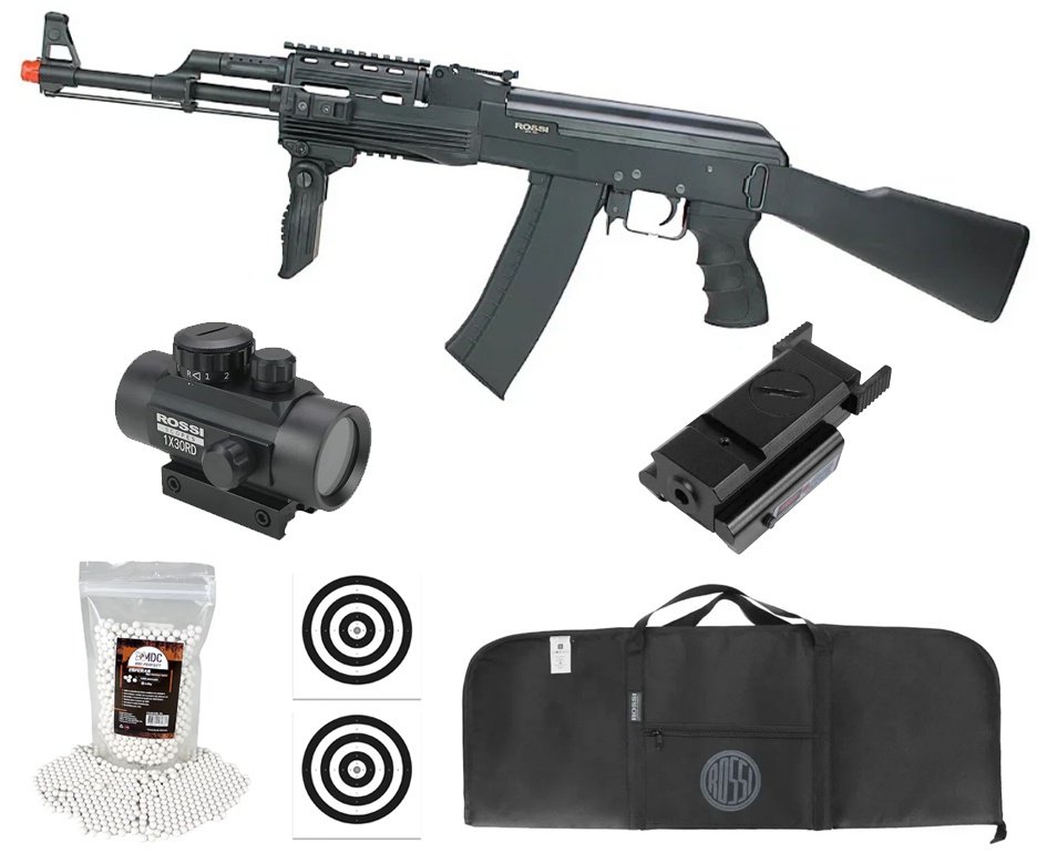Rifle de Airsoft Neptune Sentinel AK Tactical AEG 6mm - Rossi + Capa + BBS + Red dot 1x30 + Alvos + Laser