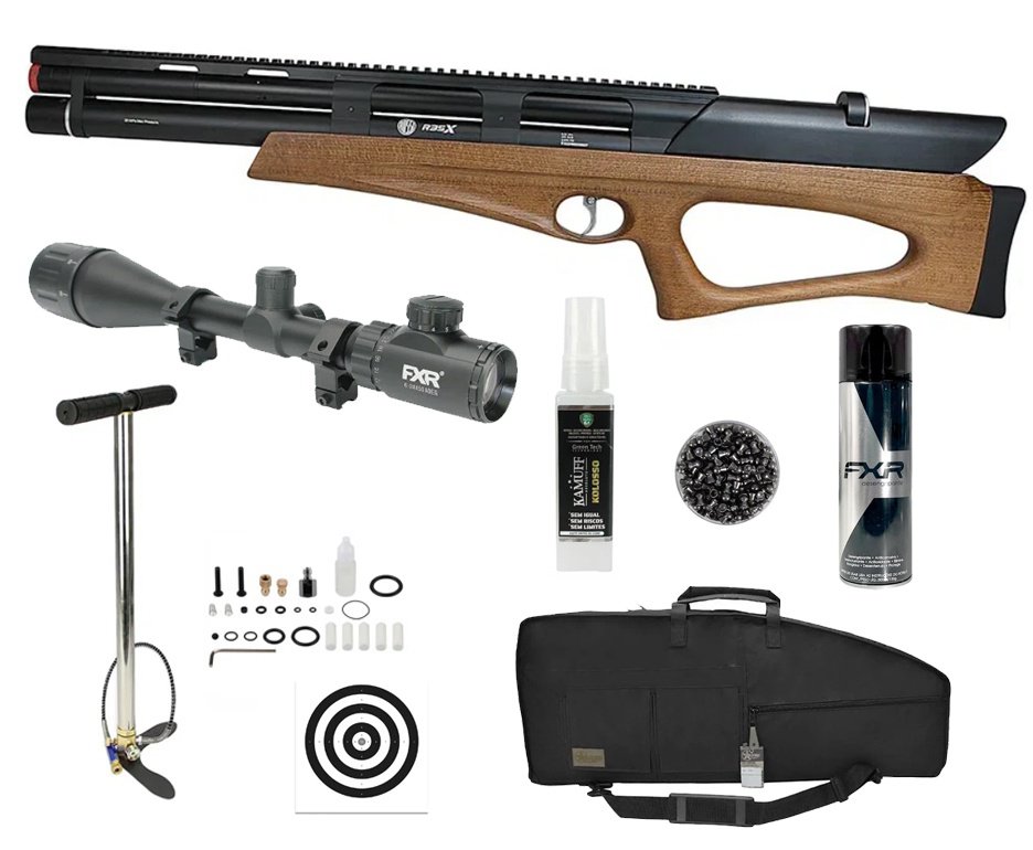 Carabina de Pressão Rossi PCP R35-X Semi Auto BP Wood 6,35mm + Case / Capa + Bomba + Luneta 6-24x50+ Alvos + Chumbos + Kamuff + Desengripante / Anticorrosivo