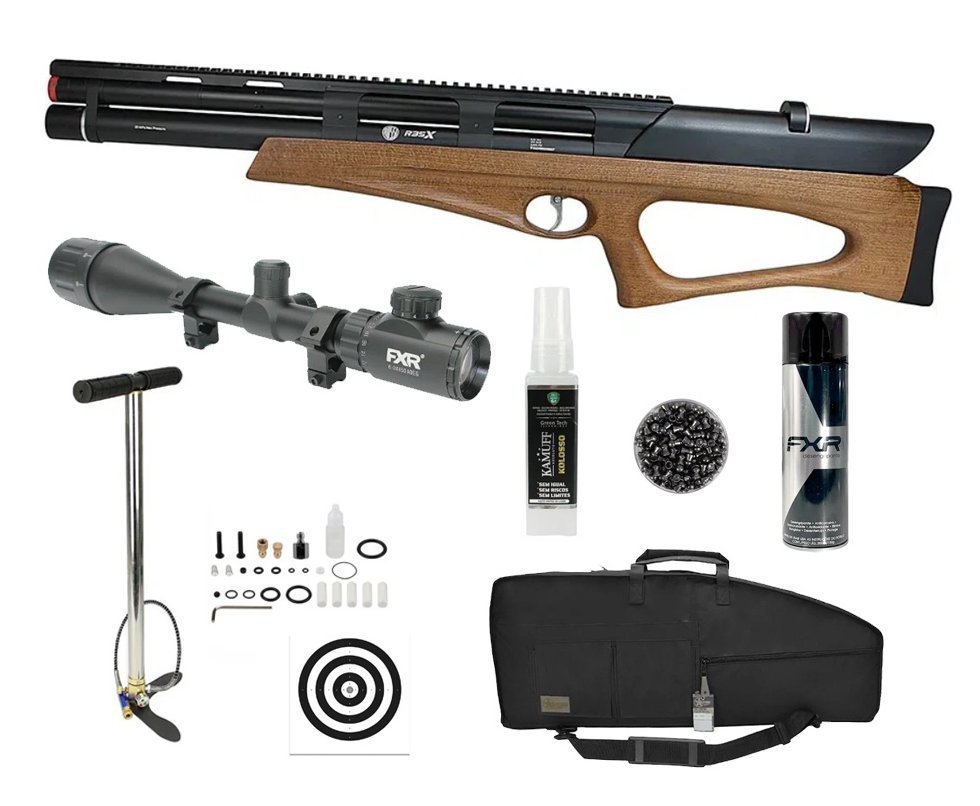 Carabina de Pressão Rossi PCP R35-X Semi Auto BP Wood 6,35mm + Case / Capa + Bomba + Luneta 6-24x50+ Alvos + Chumbos + Kamuff + Desengripante / Anticorrosivo