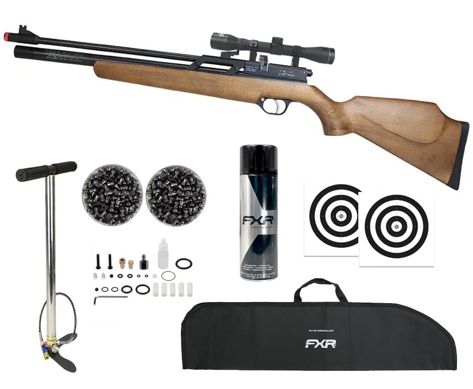 Carabina de Pressão PCP Rossi Dione VR madeira 5,5mm - Rossi + Bomba + Capa + Luneta 4x32 + Alvos + Chumbo + Desengripante / Anticorrosivo
