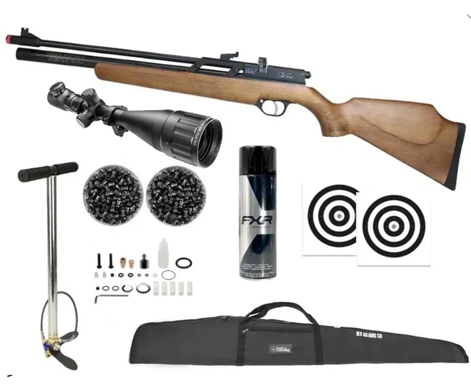 Carabina de Pressão PCP Rossi Dione VR madeira 5,5mm - Rossi + Bomba + Capa + Luneta 6-24x50 + Alvos + Chumbo + Desengripante / Anticorrosivo
