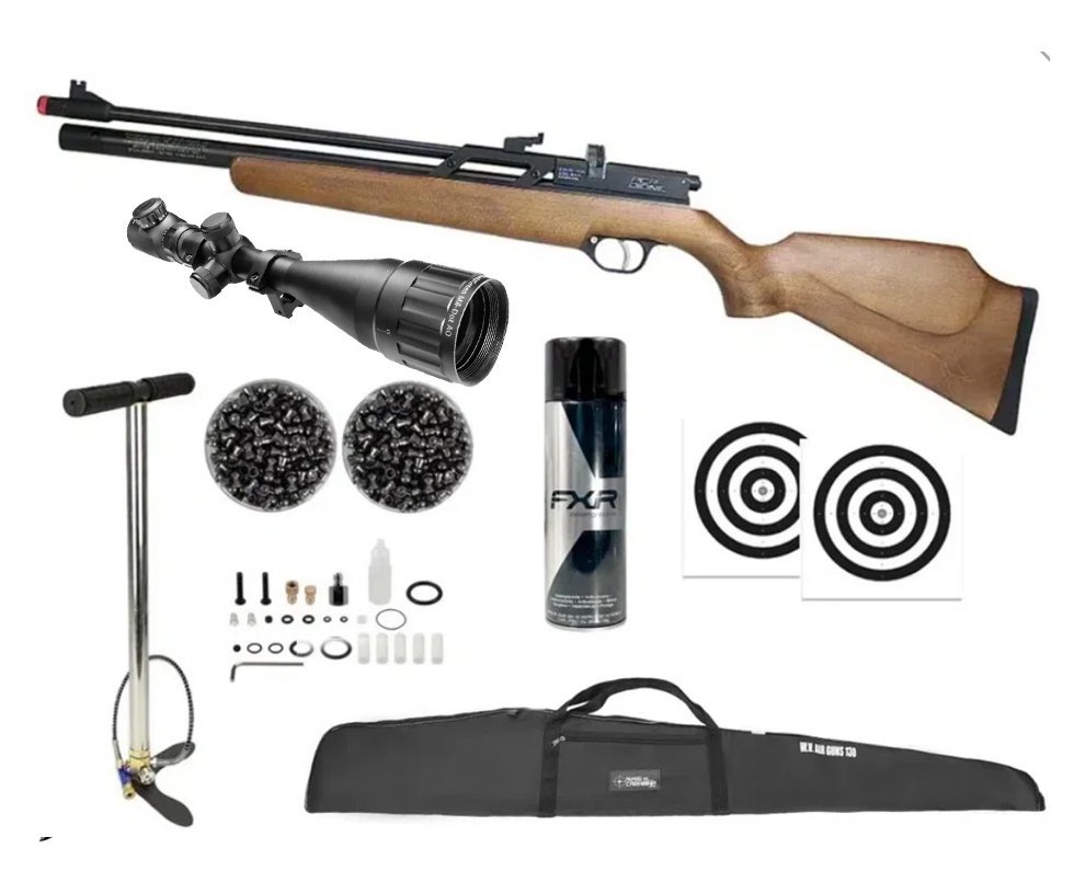 Carabina de Pressão PCP Rossi Dione VR madeira 5,5mm - Rossi + Bomba + Capa + Luneta 6-24x50 + Alvos + Chumbo + Desengripante / Anticorrosivo