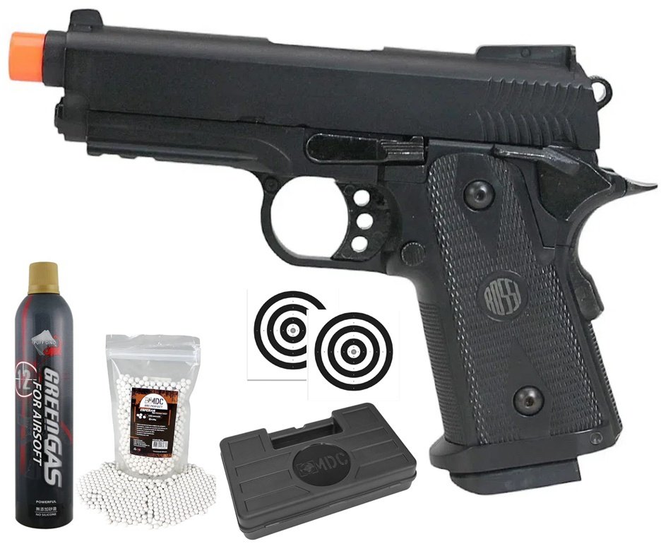 Pistola de Airsoft Gás GBB Hi-Capa Short Blowback 6.0mm - Rossi + GBB + Case + BBS + Alvos
