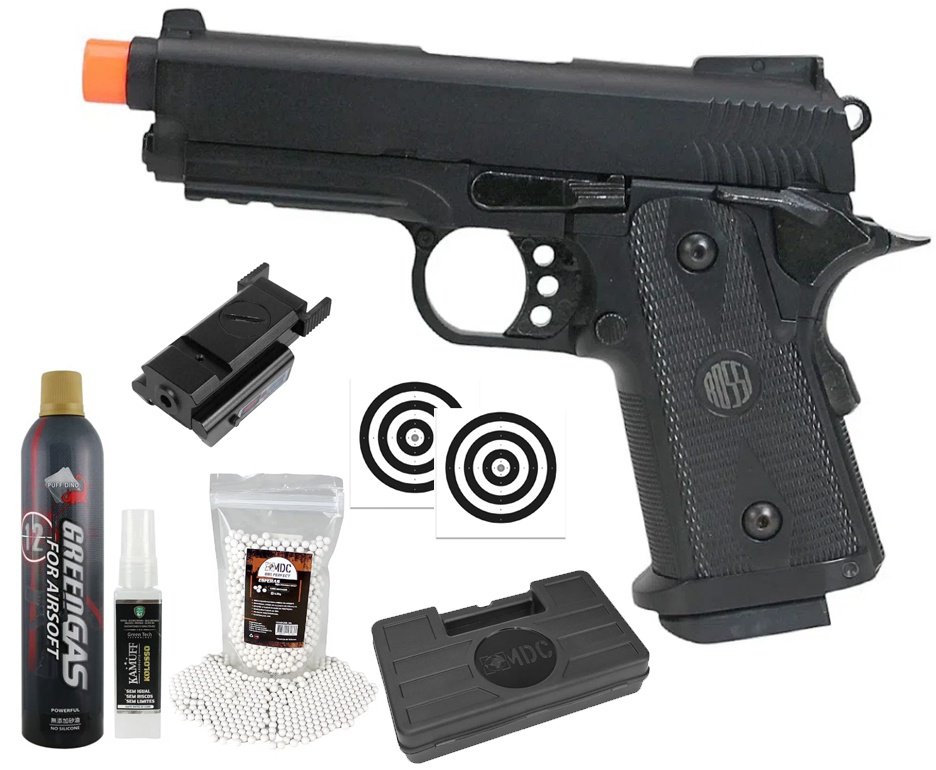 Pistola de Airsoft Gás GBB Hi-Capa Short Blowback 6.0mm - Rossi + GBB + Case + BBS + Alvos + Laser + Kamuff