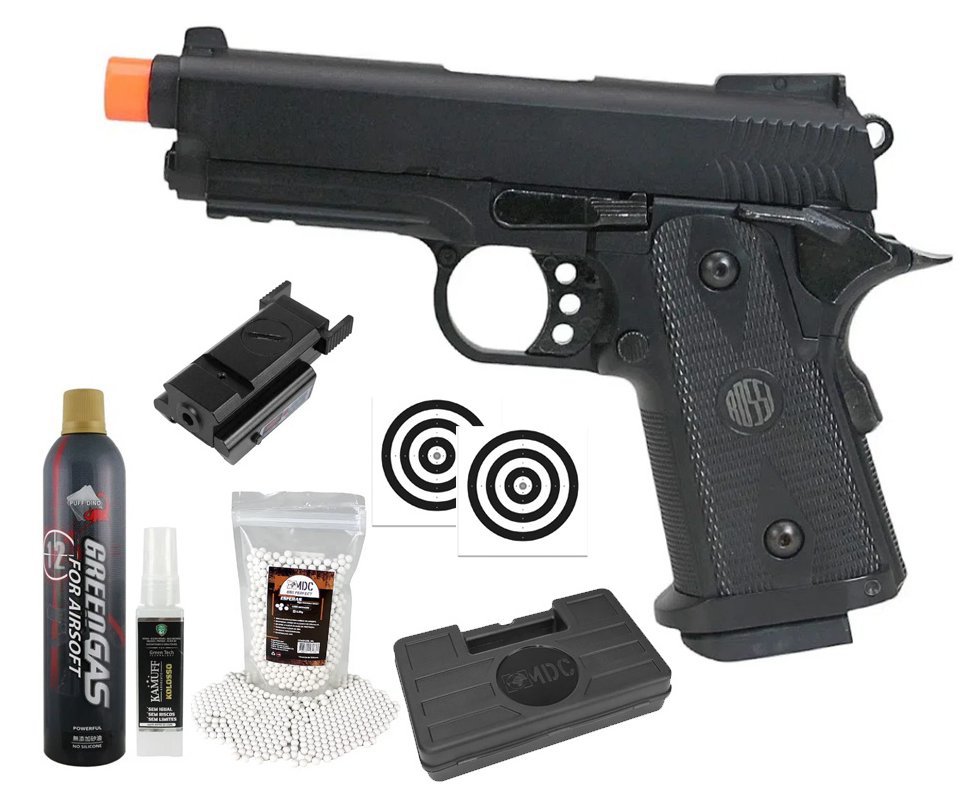 Pistola de Airsoft Gás GBB Hi-Capa Short Blowback 6.0mm - Rossi + GBB + Case + BBS + Alvos + Laser + Kamuff