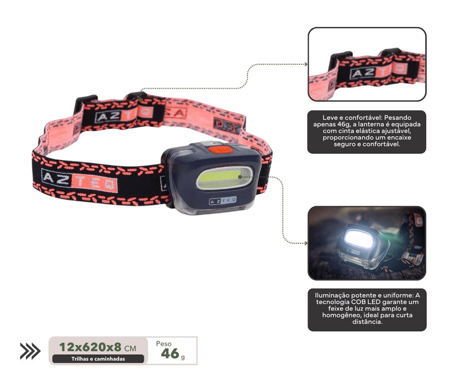 Lanterna de cabeça LED COB Azteq Kashina 140 lúmens Alcance de até 30m e 2 Modos de Iluminação
