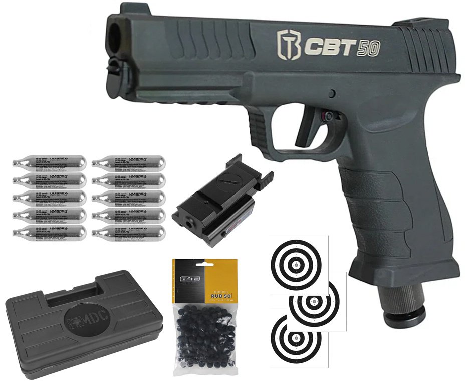 Pistola Home Defense CO2 CBT-50 Cal .50 HDP LDL - Combat + Co2 + Esferas de Borracha + Case + Alvos + Laser