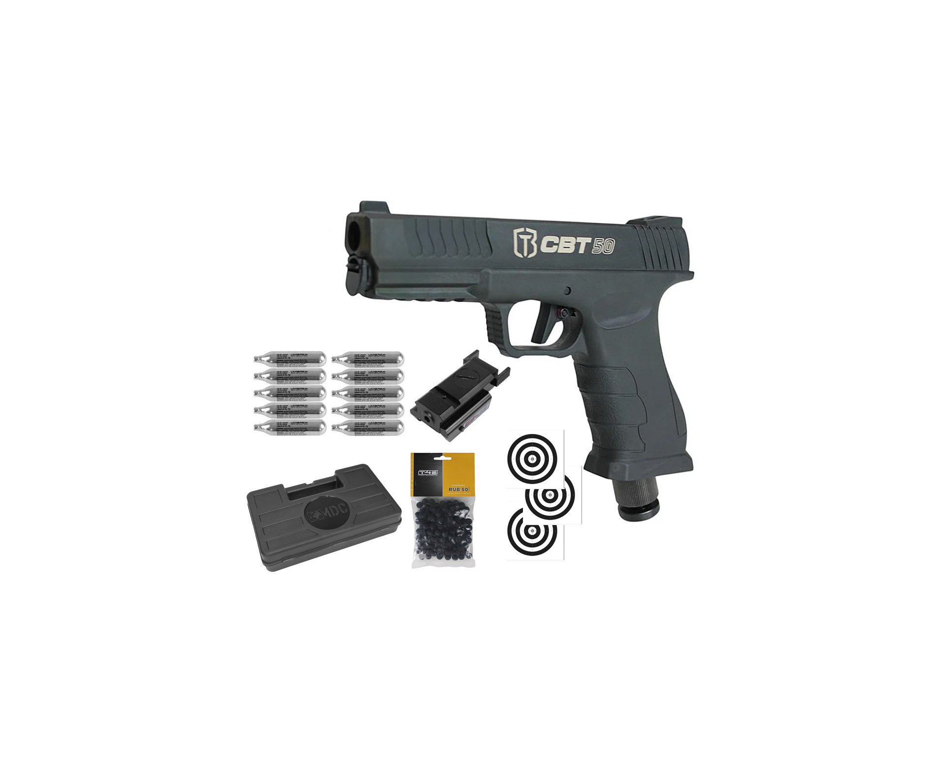 Pistola Home Defense CO2 CBT-50 Cal .50 HDP LDL - Combat + Co2 + Esferas de Borracha + Case + Alvos + Laser