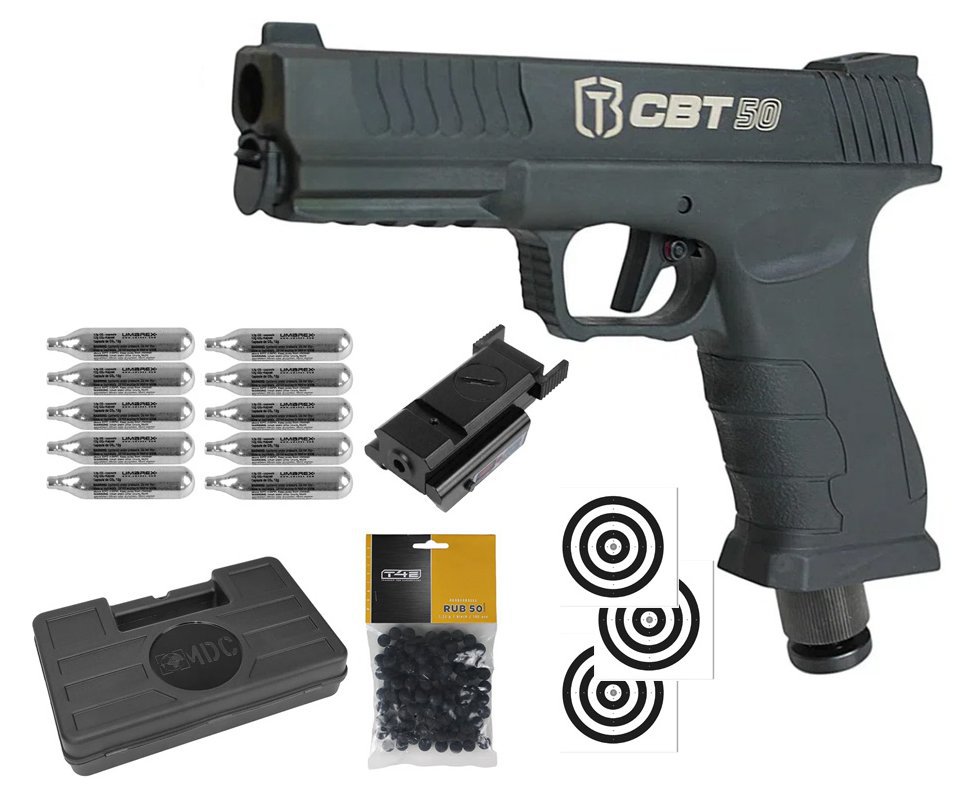 Pistola Home Defense CO2 CBT-50 Cal .50 HDP LDL - Combat + Co2 + Esferas de Borracha + Case + Alvos + Laser