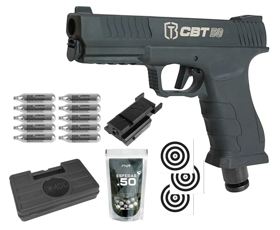 Pistola Home Defense CO2 CBT-50 Cal .50 HDP LDL - Combat + Co2 + Esferas de Alumínio + Case + Alvos + Laser