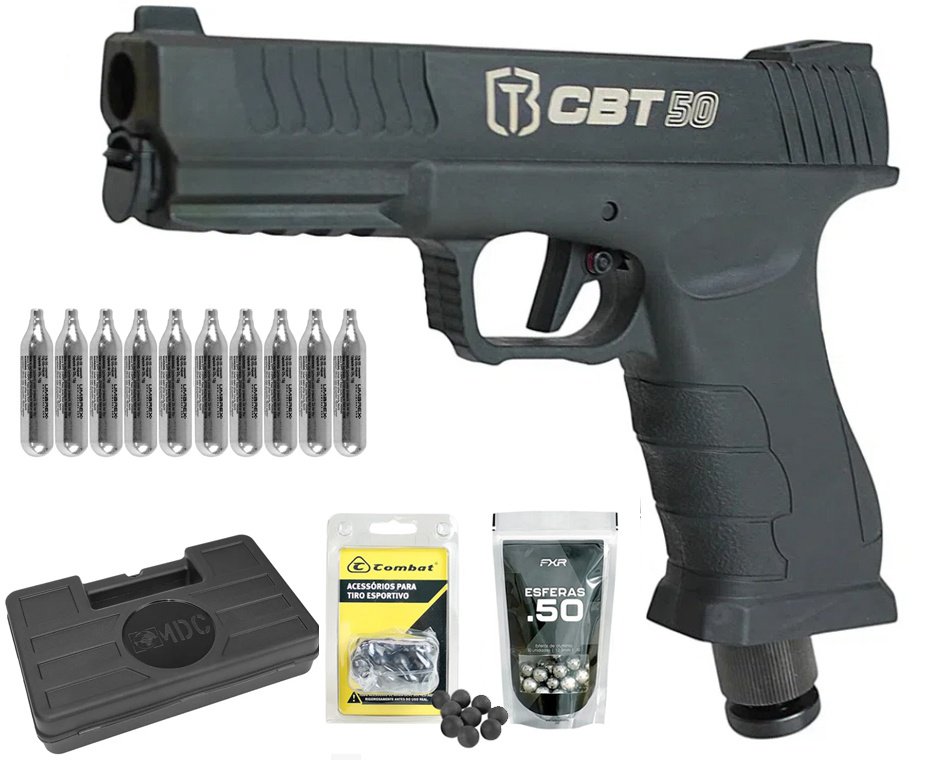 Pistola Home Defense CO2 CBT-50 Cal .50 HDP LDL - Combat + Co2 + Esferas de Polimero + Esferas de Alumínio + Case