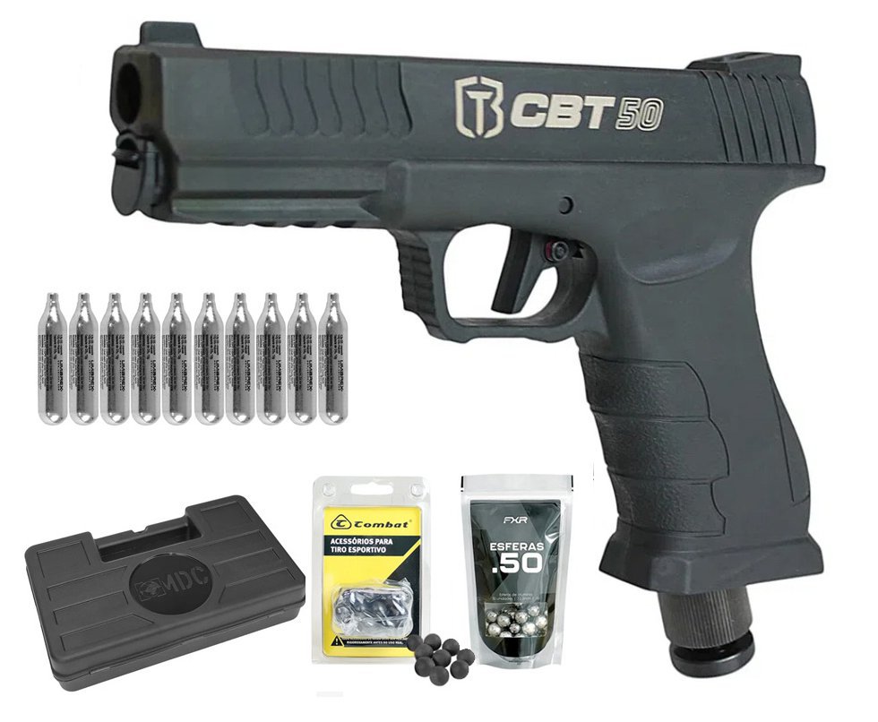 Pistola Home Defense CO2 CBT-50 Cal .50 HDP LDL - Combat + Co2 + Esferas de Polimero + Esferas de Alumínio + Case