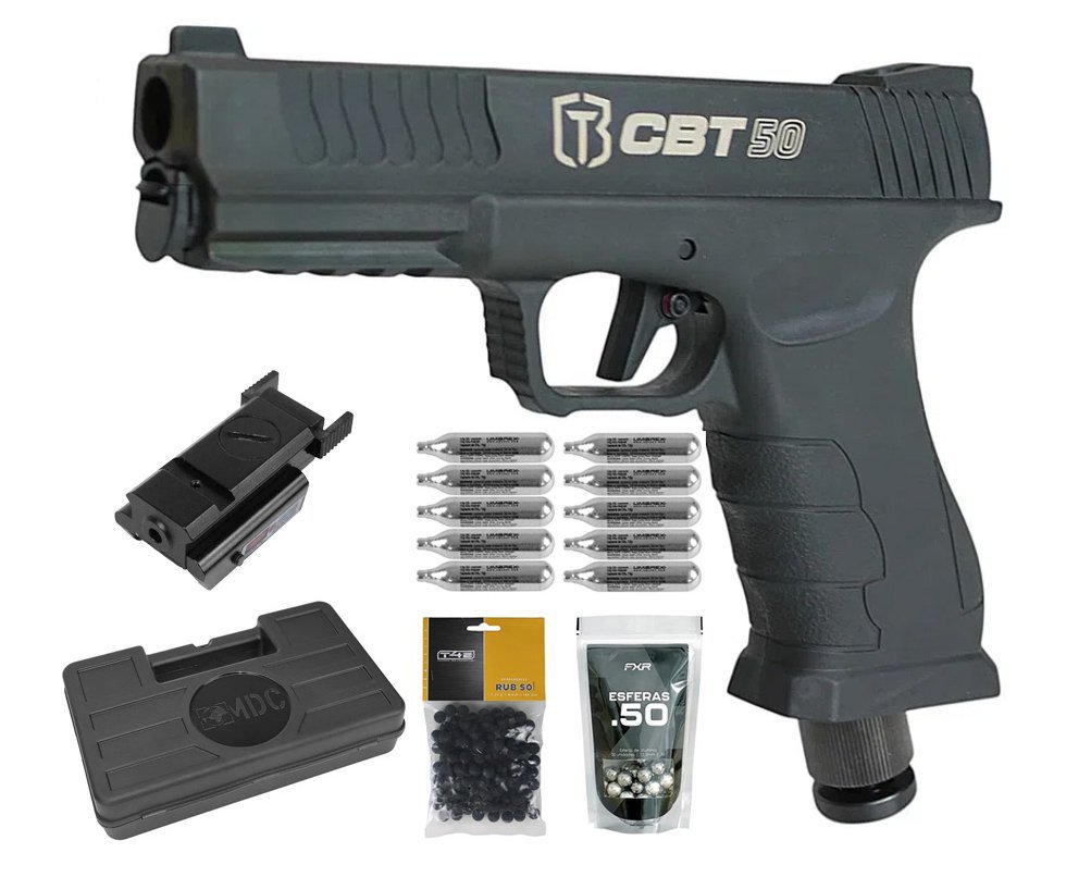 Pistola Home Defense CO2 CBT-50 Cal .50 HDP LDL - Combat + Co2 + Esferas de Borracha + Esferas de Alumínio + Case + Alvos + Laser