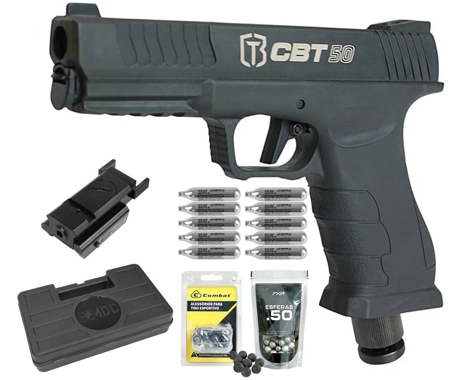 Pistola Home Defense CO2 CBT-50 Cal .50 HDP LDL - Combat + Co2 + Esferas Polimero+ Esferas de Alumínio + Case + Alvos + Laser