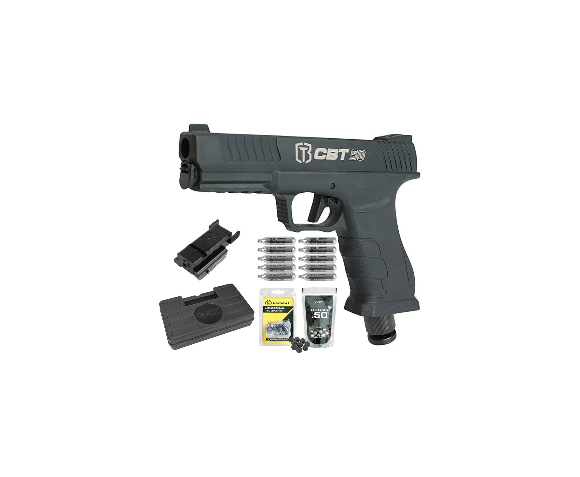 Pistola Home Defense CO2 CBT-50 Cal .50 HDP LDL - Combat + Co2 + Esferas Polimero+ Esferas de Alumínio + Case + Alvos + Laser