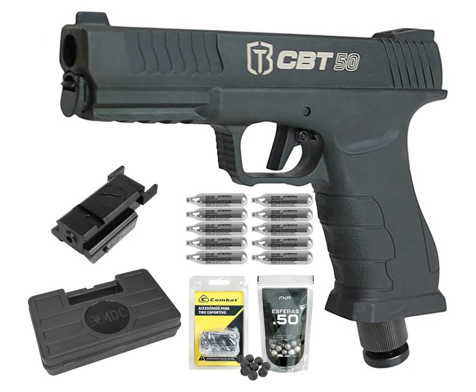 Pistola Home Defense CO2 CBT-50 Cal .50 HDP LDL - Combat + Co2 + Esferas Polimero+ Esferas de Alumínio + Case + Alvos + Laser